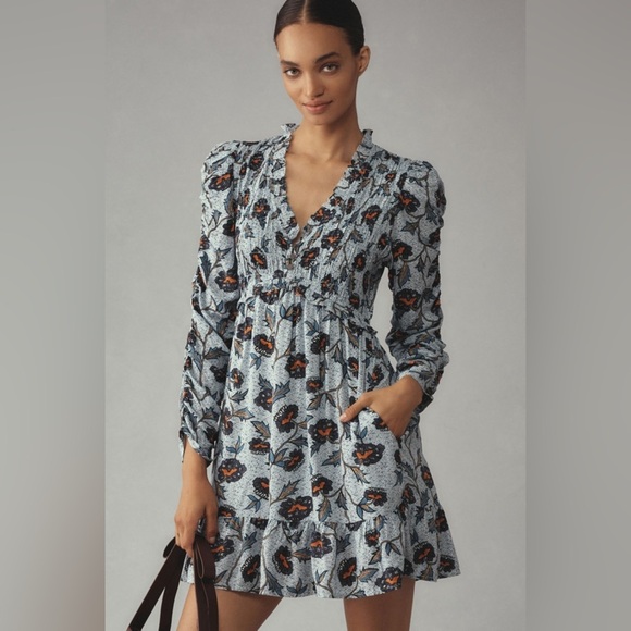 By Anthropologie Long-Sleeve V-Neck Ruffle Mini Dress - Picture 1 of 7